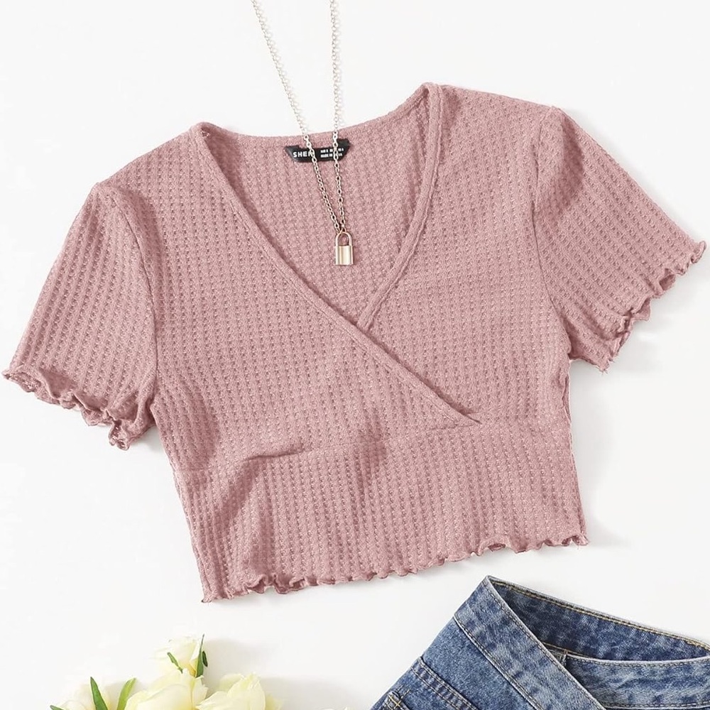 SHEIN Women’s Dusty Pink Lettuce Trim Tee Size Small